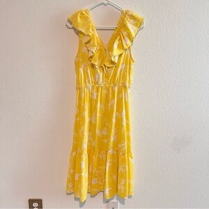 Banana Republic Yellow Floral Dress Midi Medium Petite Tiered Ruffle Neckline